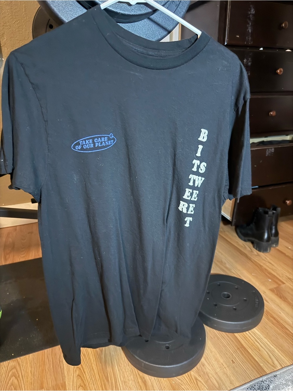 Black Graphic Crewneck T-Shirt with Vertical Text